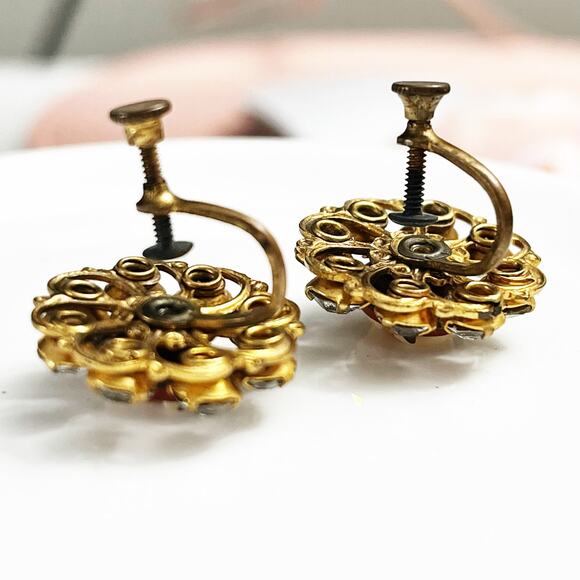 Cameo & Rhinestone Vintage Screw Back Earrings - Picture 6 of 6